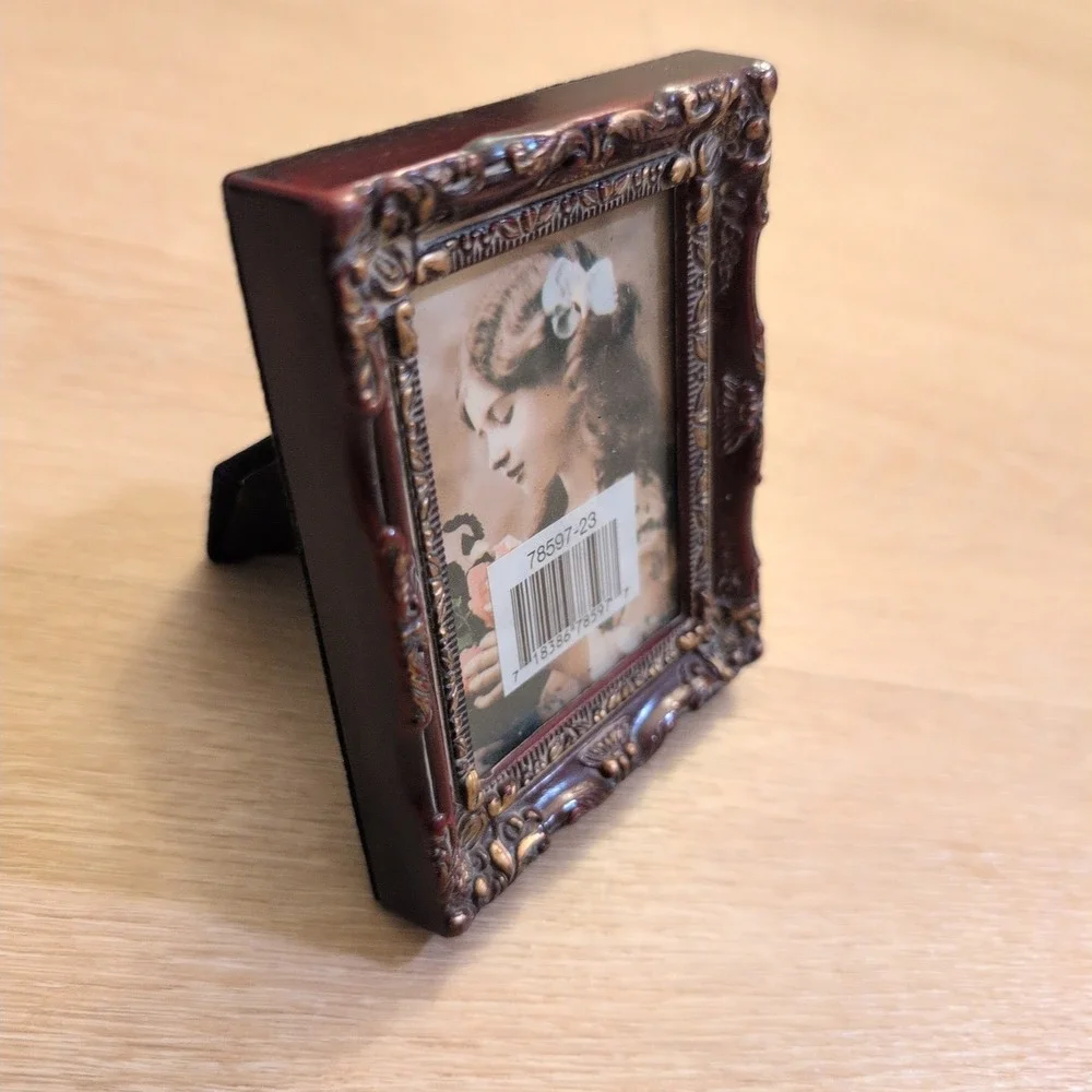 Vintage Ornate Miniature Picture Frame Baroque Gold Tone Red Mahogany 3.5x4.5
